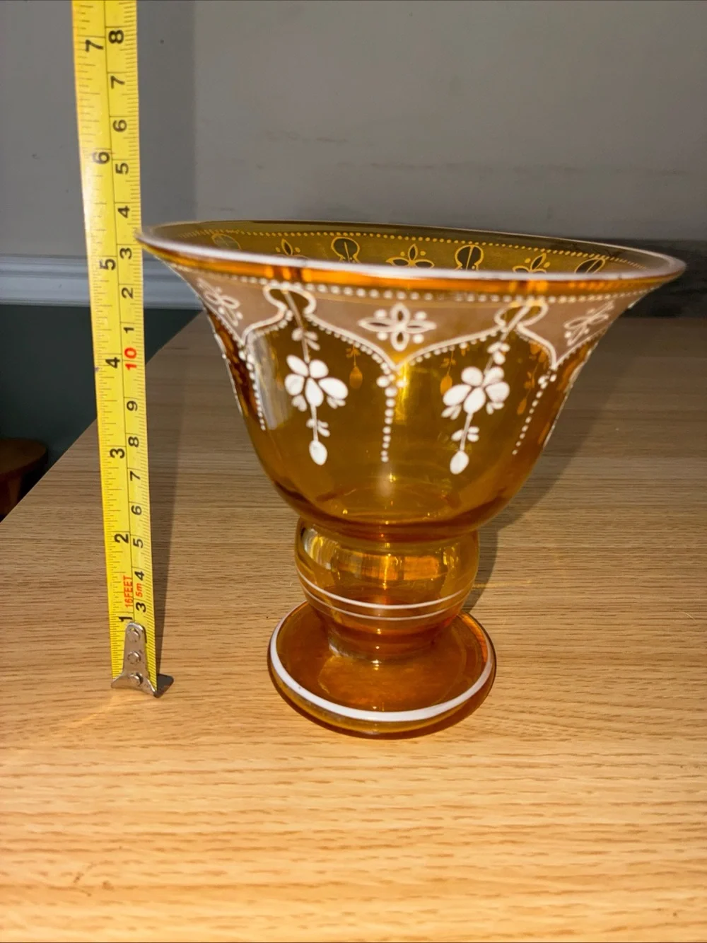Amber Glass Pedestal Vase with White Hand-Painted Floral Design